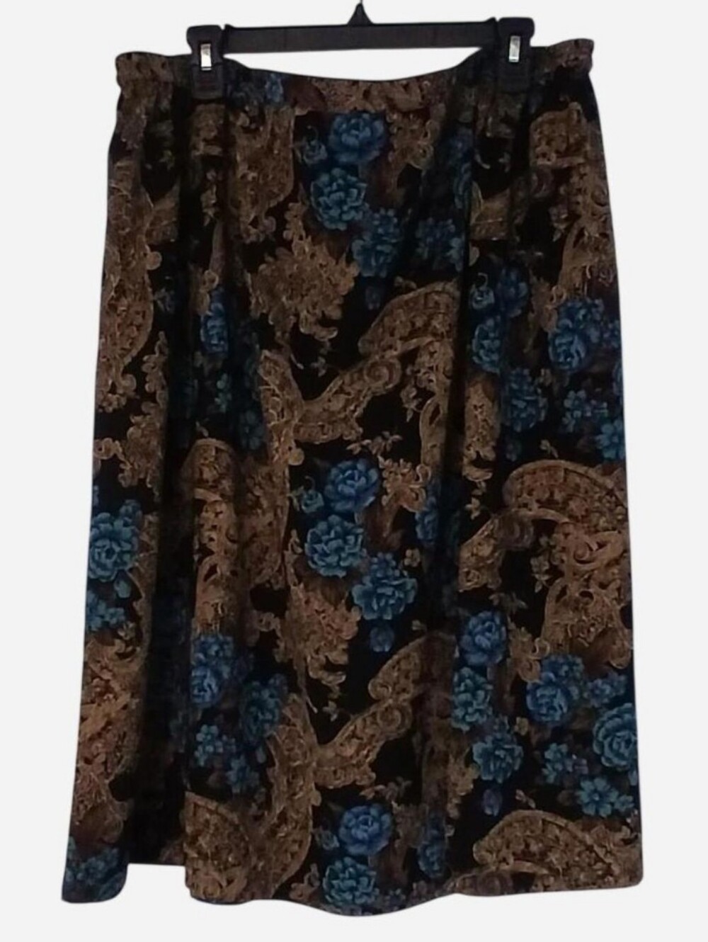 Laura Scott Women's Size 26 Flat Front Skirt Tan Lace Print & Blue Flower Print